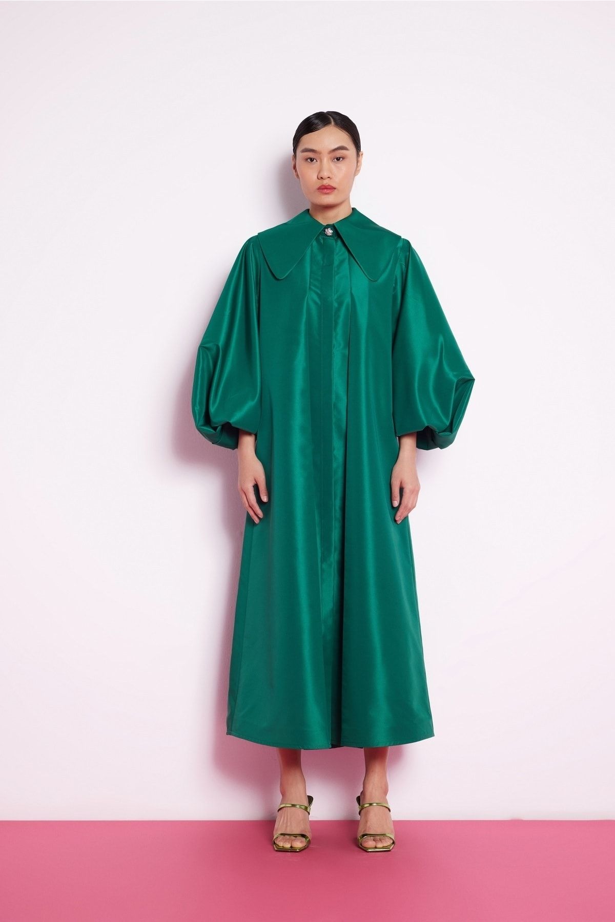 Nuum Design Balon Kollu Tafta Elbise Zümrüt Yeşili
