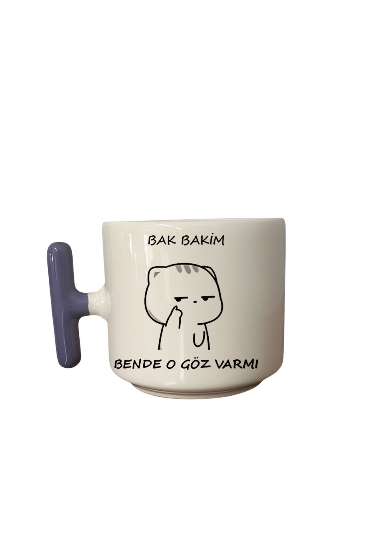 GünayStore BAK BAKIM BENDE O GÖZ VAR MI? YAZILI MOCHİ CAT BASKILI SERAMİK LİLA T KULPLU FİNCAN