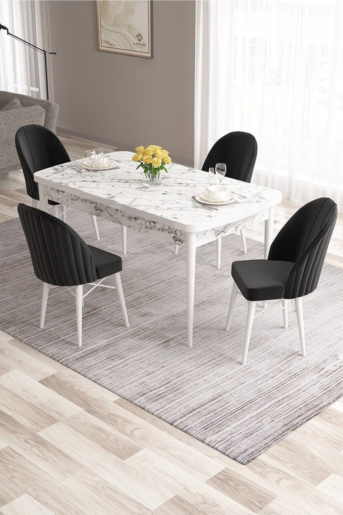 Canisa Ves Serisi 80x132 MDF Açılabilir Beyaz Mermer Desen Mutfak Masası 4 Siyah Sandalye