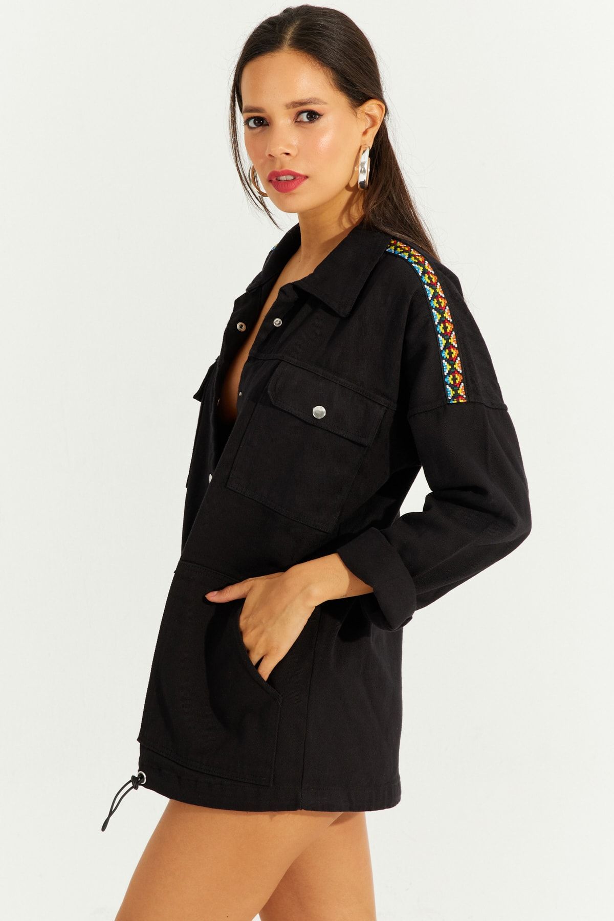 Cool & Sexy Kadın Siyah Çıtçıtlı Denim Gömlek Ceket İS2120