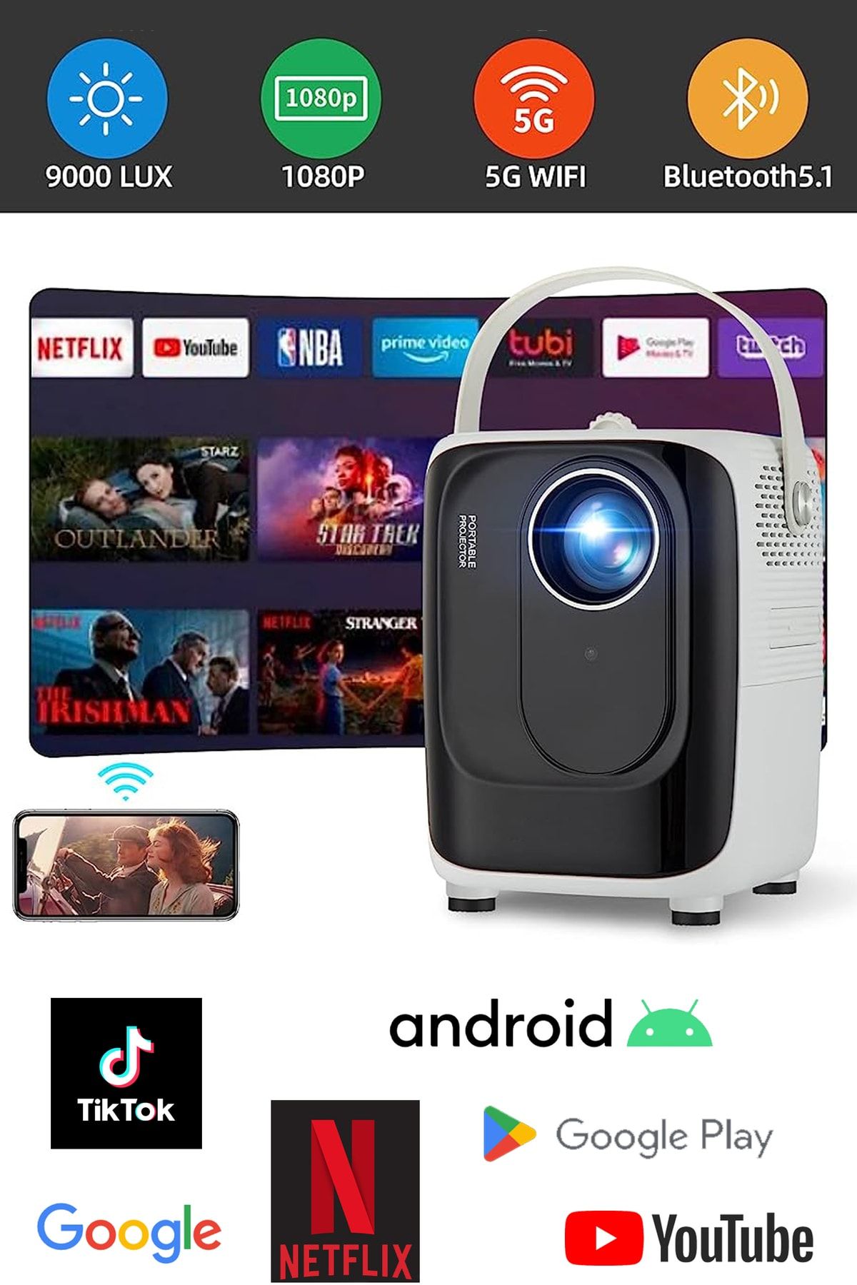 TECHNOMEN Ultra HD Projeksiyon Sinema Smart Tv Android Sistemli Taşınabilir Netflix Youtube 5G Destekli