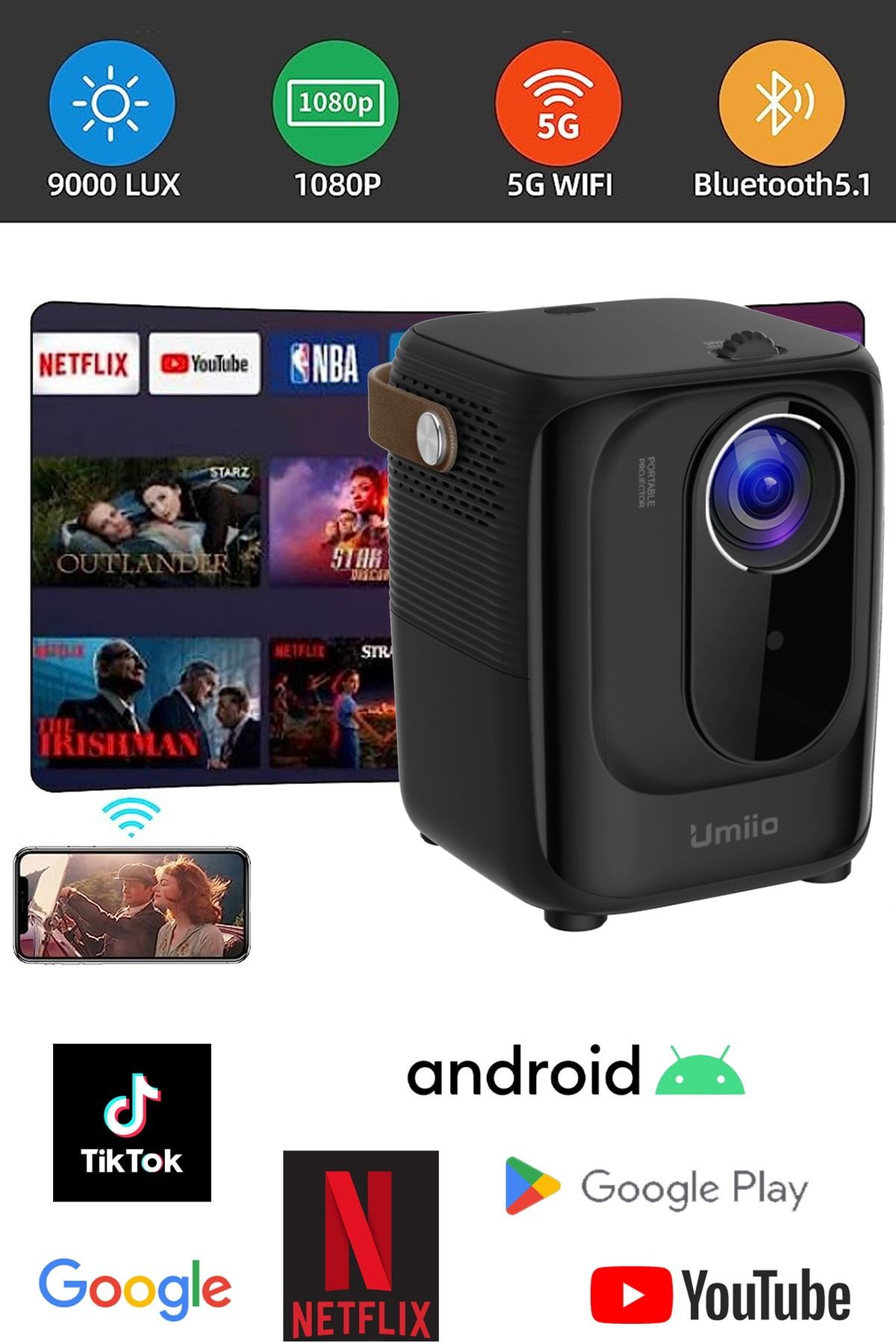 TECHNOMEN Ultra HD Projeksiyon Sinema Smart Tv Android Sistemli Taşınabilir Netflix Youtube 5G Destekli