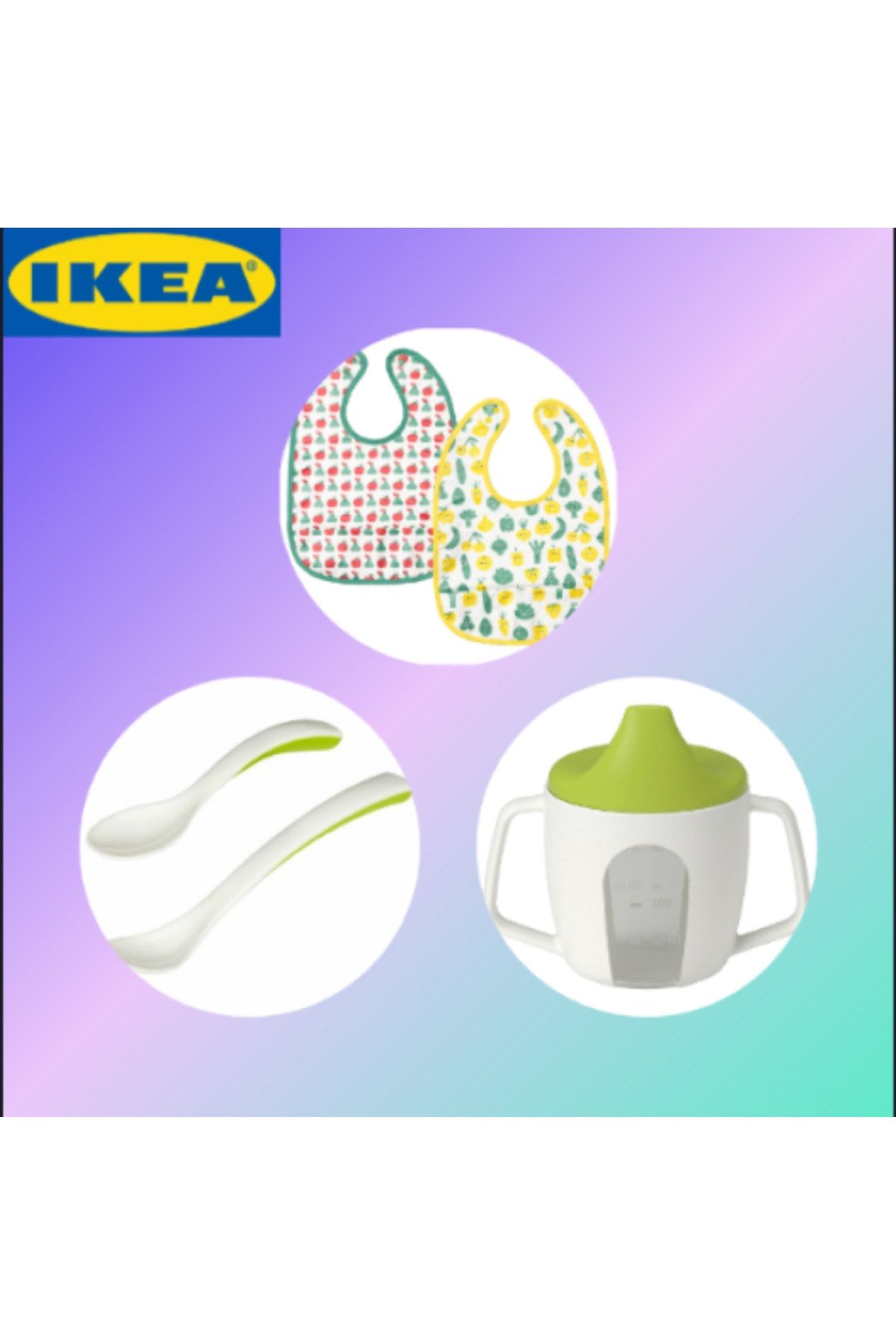 IKEA Bebek Yemek Seti (Mama Önlüğü + Mama Kaşık Takımı + Alıştırma Bardağı/Suluk) - TrendSepet