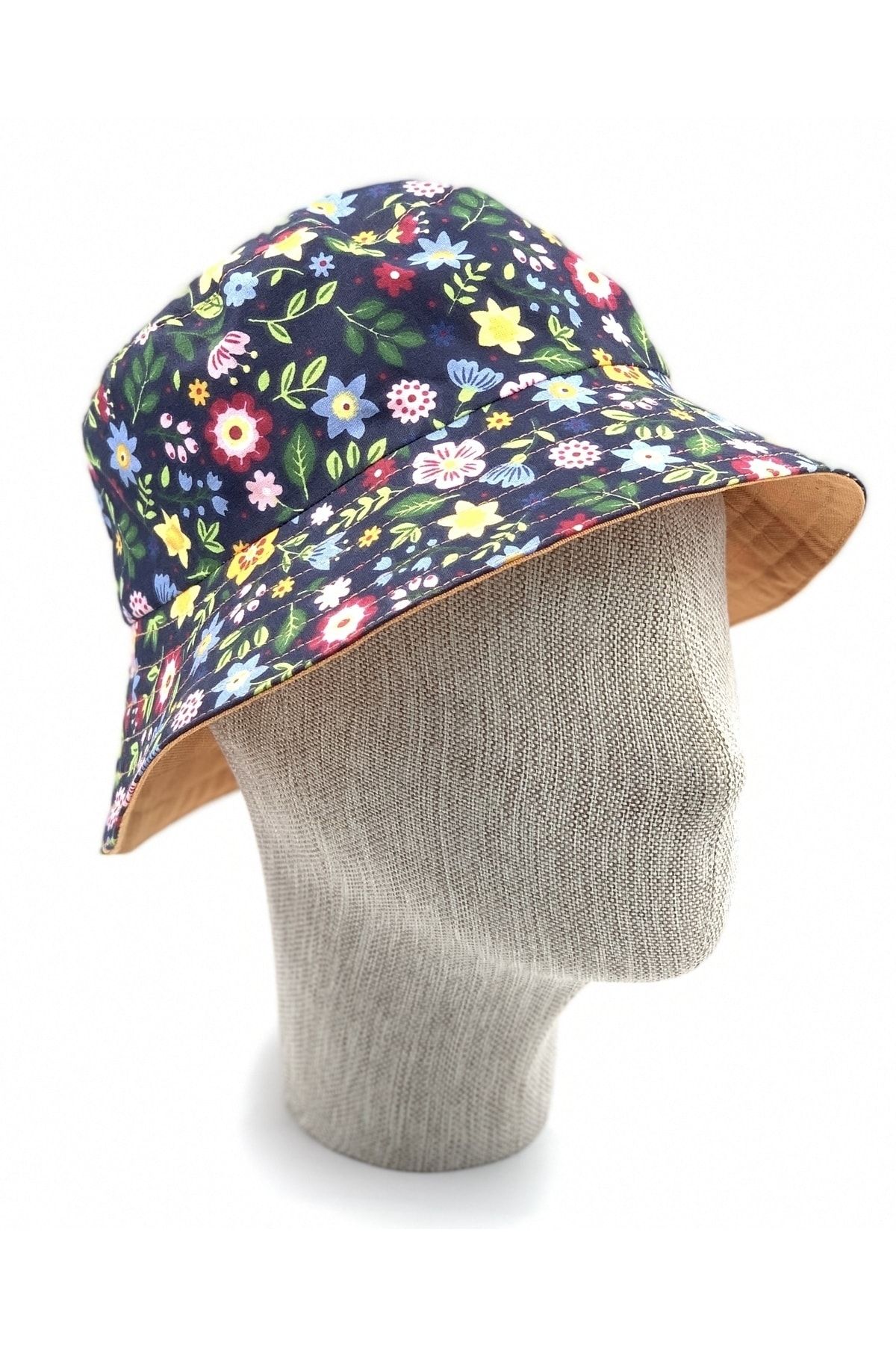 ZELİCE TASARIM Renkli Çiçekli / Turuncu Çift Taraf Kullanılabilen Bucket Kadın Şapka Bsp05