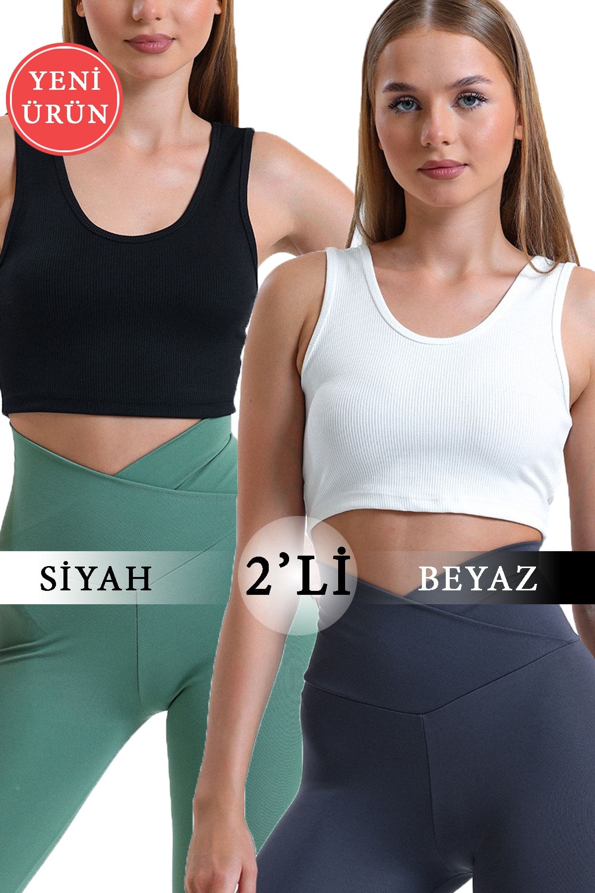 VOSSAX Kadın 2'li Paket Siyah+Beyaz Askılı Crop Fitilli Esnek Örme Bluz