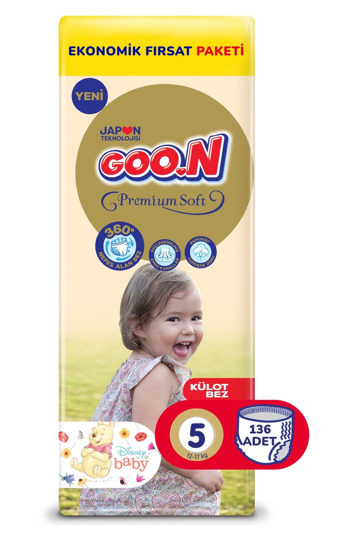 Goo.n Premium Soft 5 Numara Süper Yumuşak Külot Bebek Bezi Ekonomik Fırsat Paketi - 136 Adet