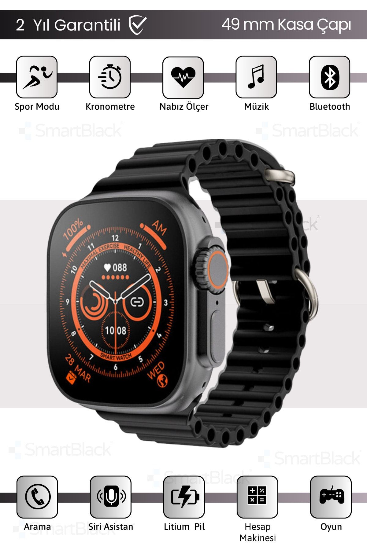 SmartBlack Watch 8 Akıllı Saat T800 Bluetooth Ultra Akıllı Saat Ios Ve Andorid Uyumlu Smartwatch 49 Mm Bildirim