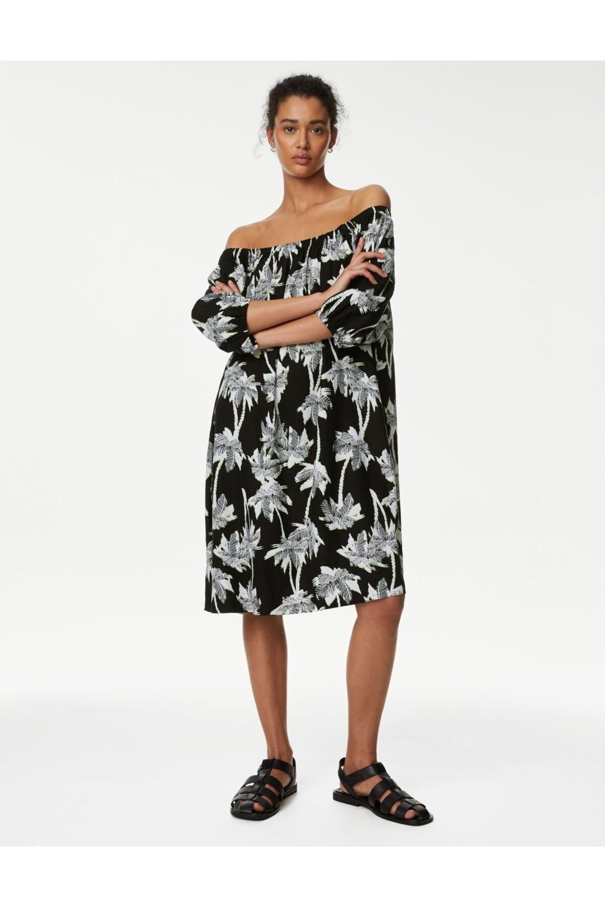 Marks & Spencer Palmiye Desenli Midi Keten Elbise