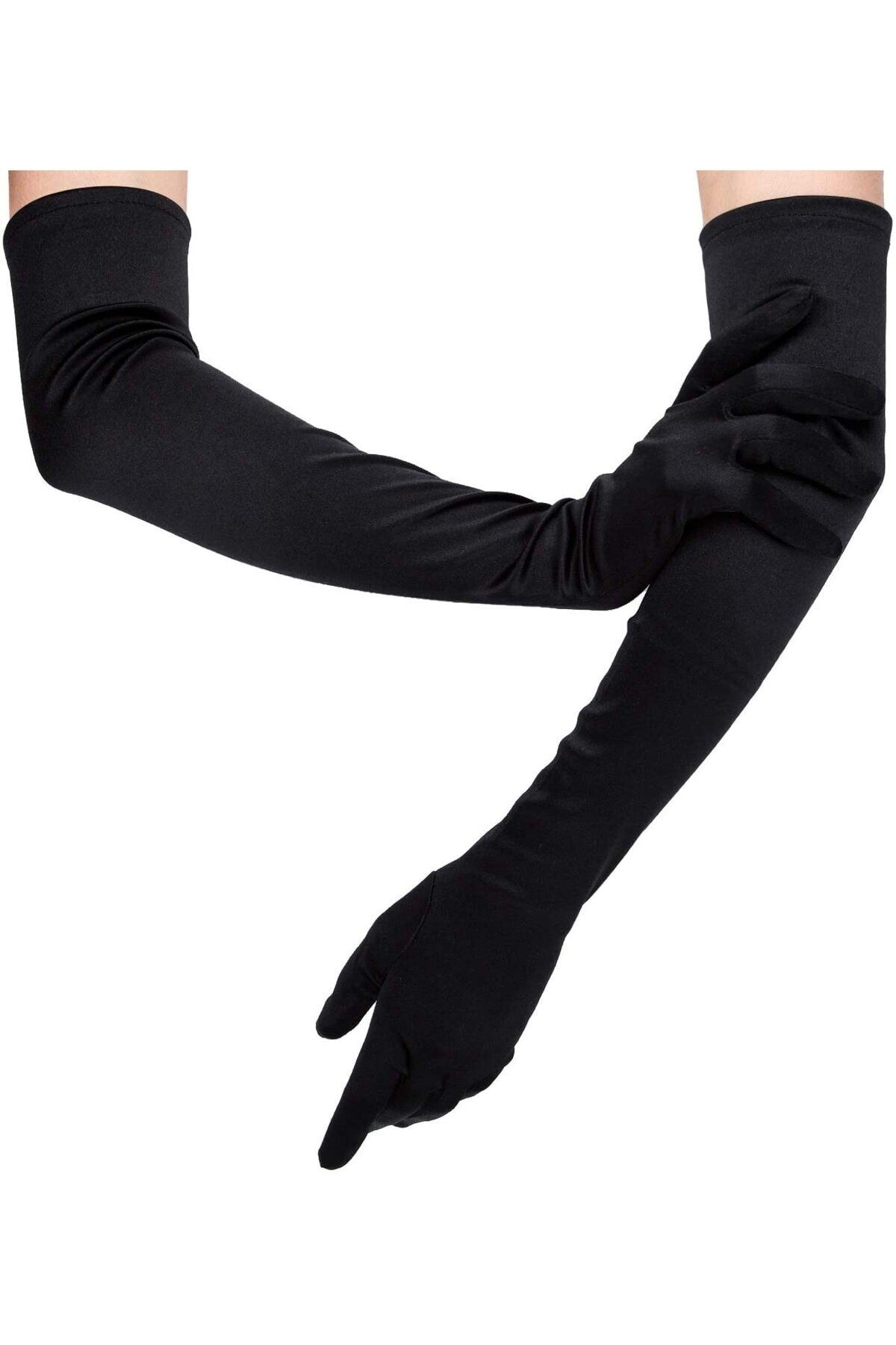 Miss Lancy Saten Likrali Uzun Parmaklı Siyah Eldiven(58 Cm-dans & Opera Eldiveni)