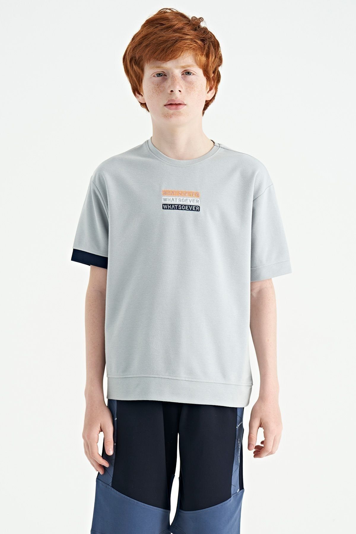 TOMMY LIFE Gri Yazı Nakışlı O Yaka Oversize Erkek Çocuk T-Shirt - 11146