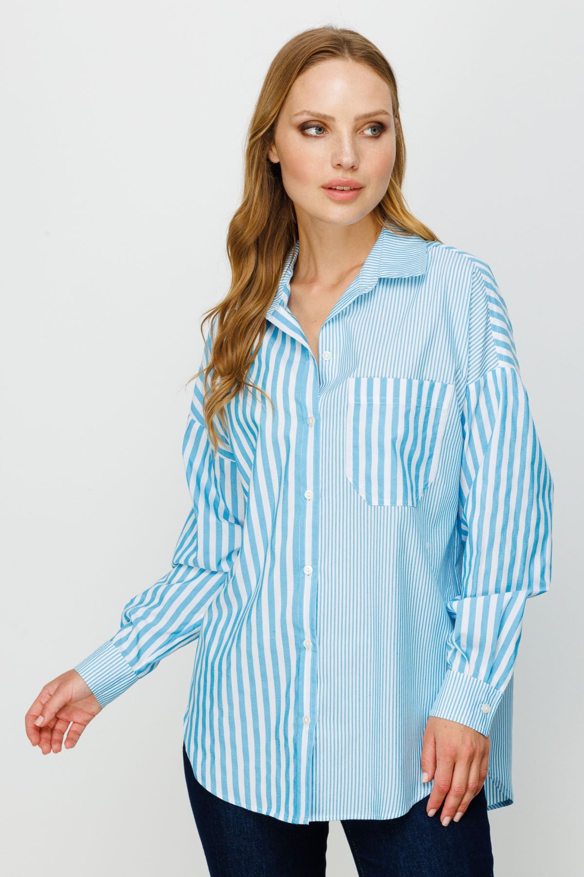 Ekol Kadın Çizgili Uzun Gömlek 5412 Mavi