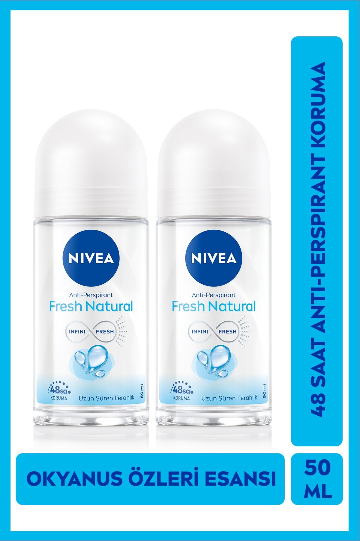 NIVEA Fresh Natural Kadın Roll On Deodorant5 50 ml X2 Adet,48 Saat Anti-perspirant Koruması
