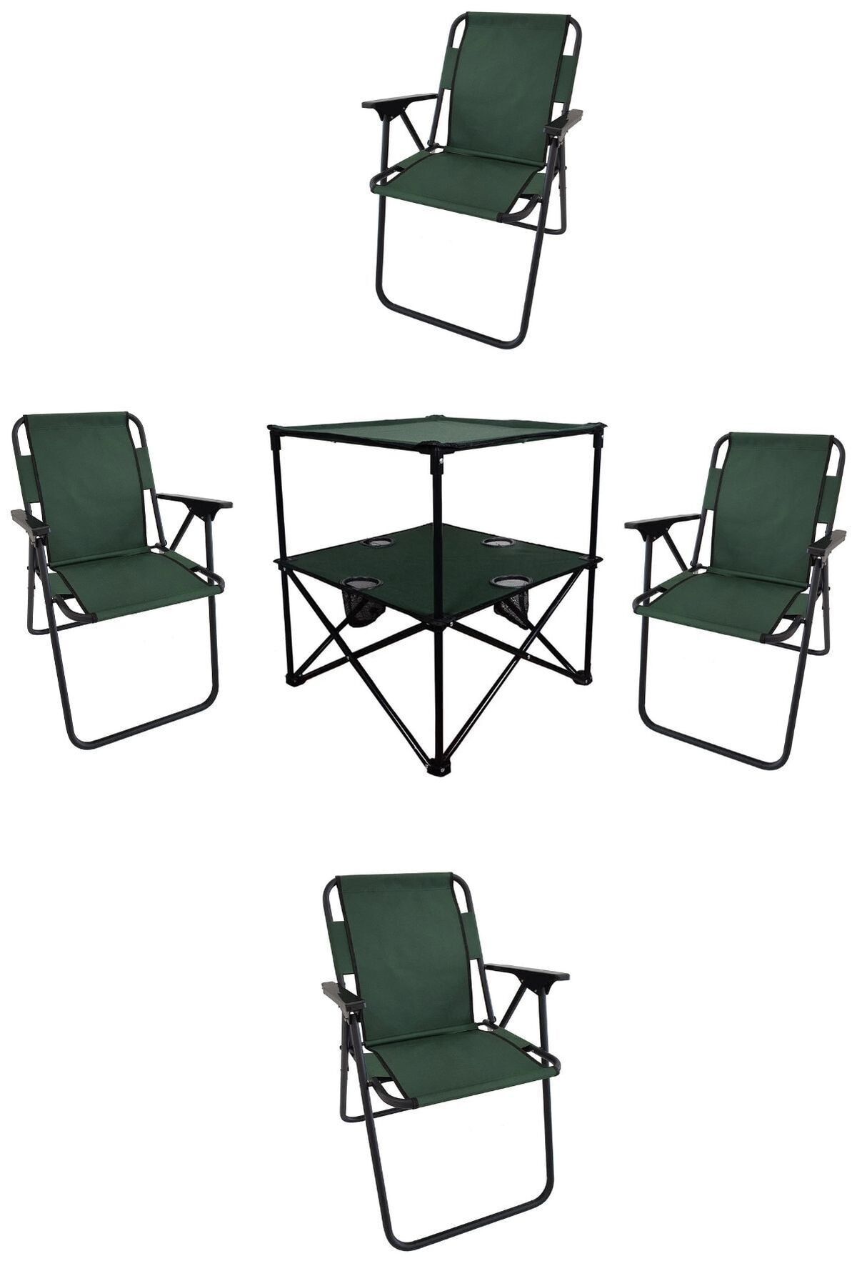 Genel Markalar 4 Kişilik ve üstü Katlanır Masa + 4 Adet Piknik Sandalyesi Katlanabilir Metal Yeşil Dörtlü Set