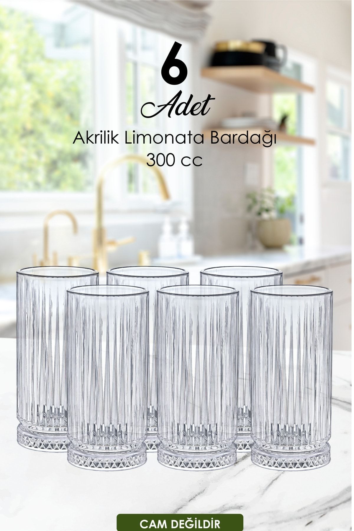 Muyika Design 6 adet Kristal Akrilik Su & Meşrubat- Limonata Bardak Seti 300 Cc Şeffaf (cam Değildir)