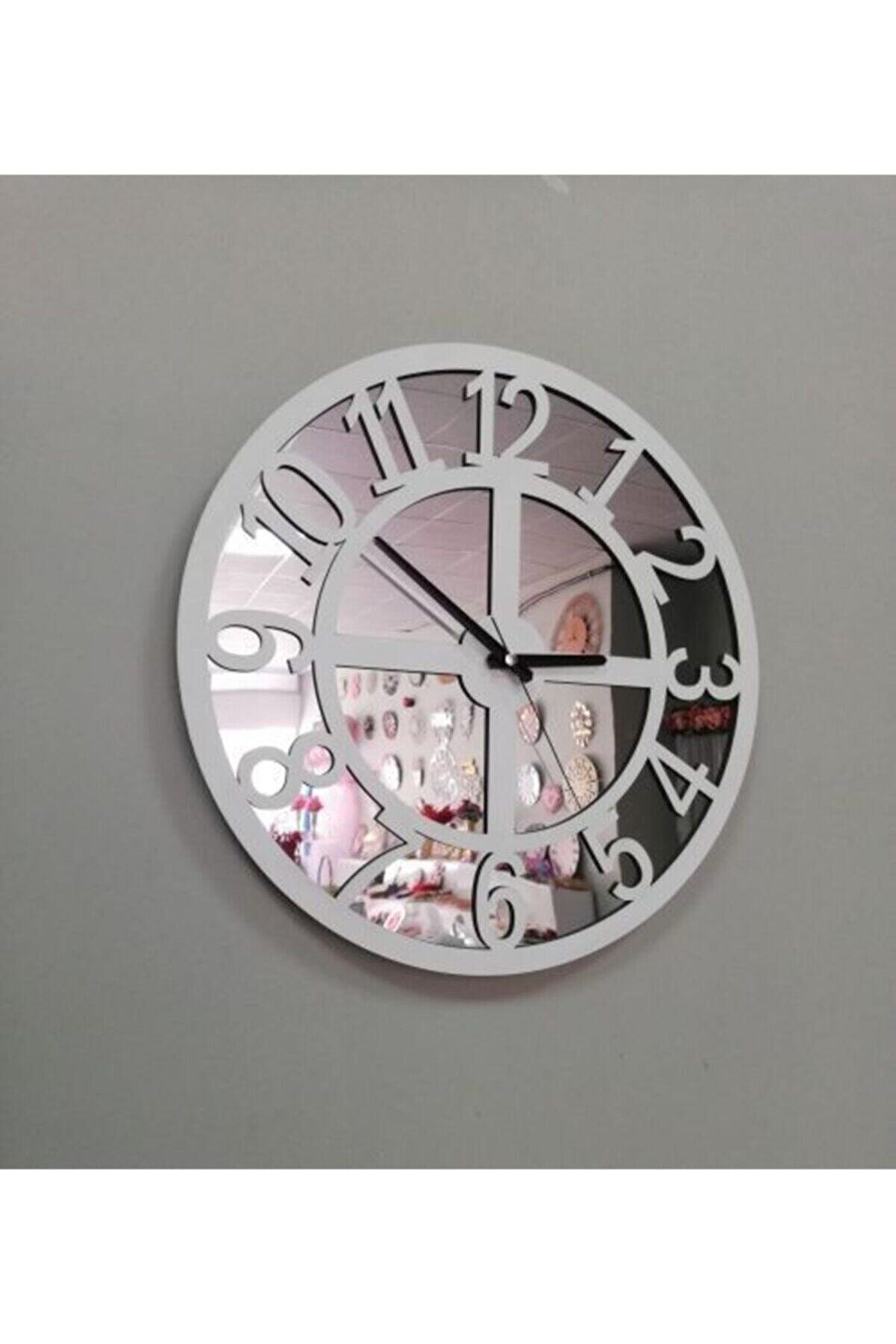 Dekorobi Gümüş Beyaz Türkçe Rakamlı Aynalı Pleksi Ahşap Saat 50 cm