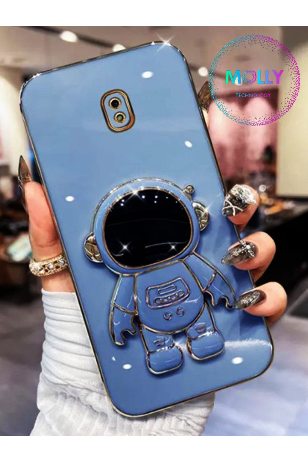Molly Technology Samsung Galaxy J7 Pro İçin Petrol Mavisi Astronot Standlı Kenarları Gold Detaylı Lüks Silikon Kılıf