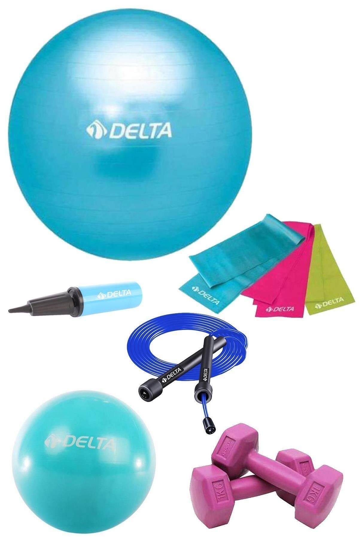 Delta 65-20 cm Pilates Topu 3lü Bandı Atlama İpi Dambıl Pompa Set