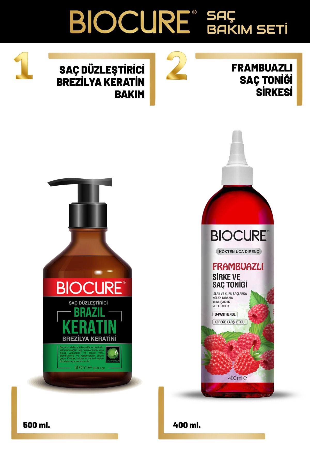 Biocure Saç Düzleştirici Brezilya Keratin Bakımı + Frambuazlı Sirke Ve Saç Toniği 400 Ml.