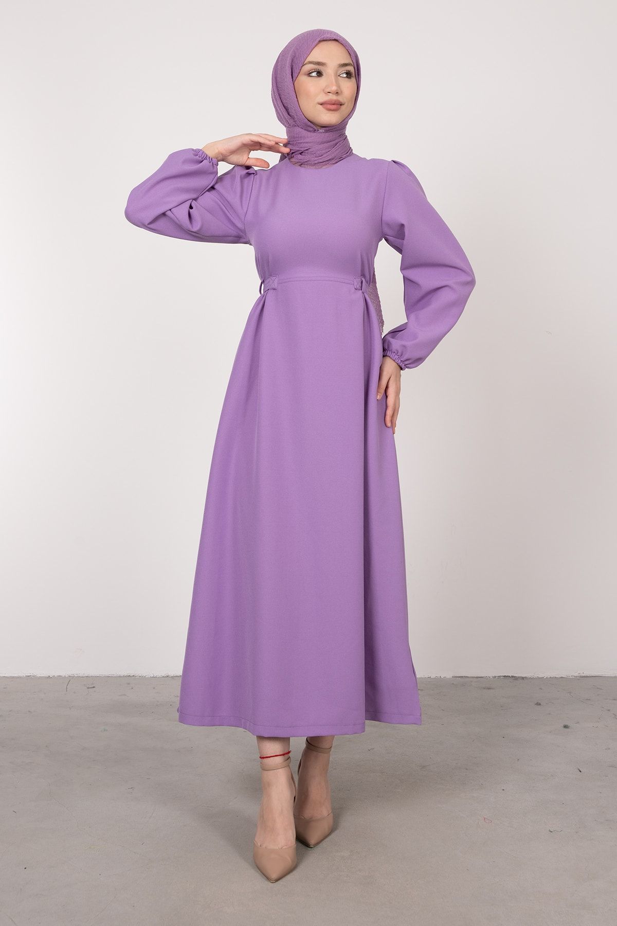 Lamia Giyim Bel İki Yandan Şerit Kuşak Bağlamalı Tesettür Elbise Lila
