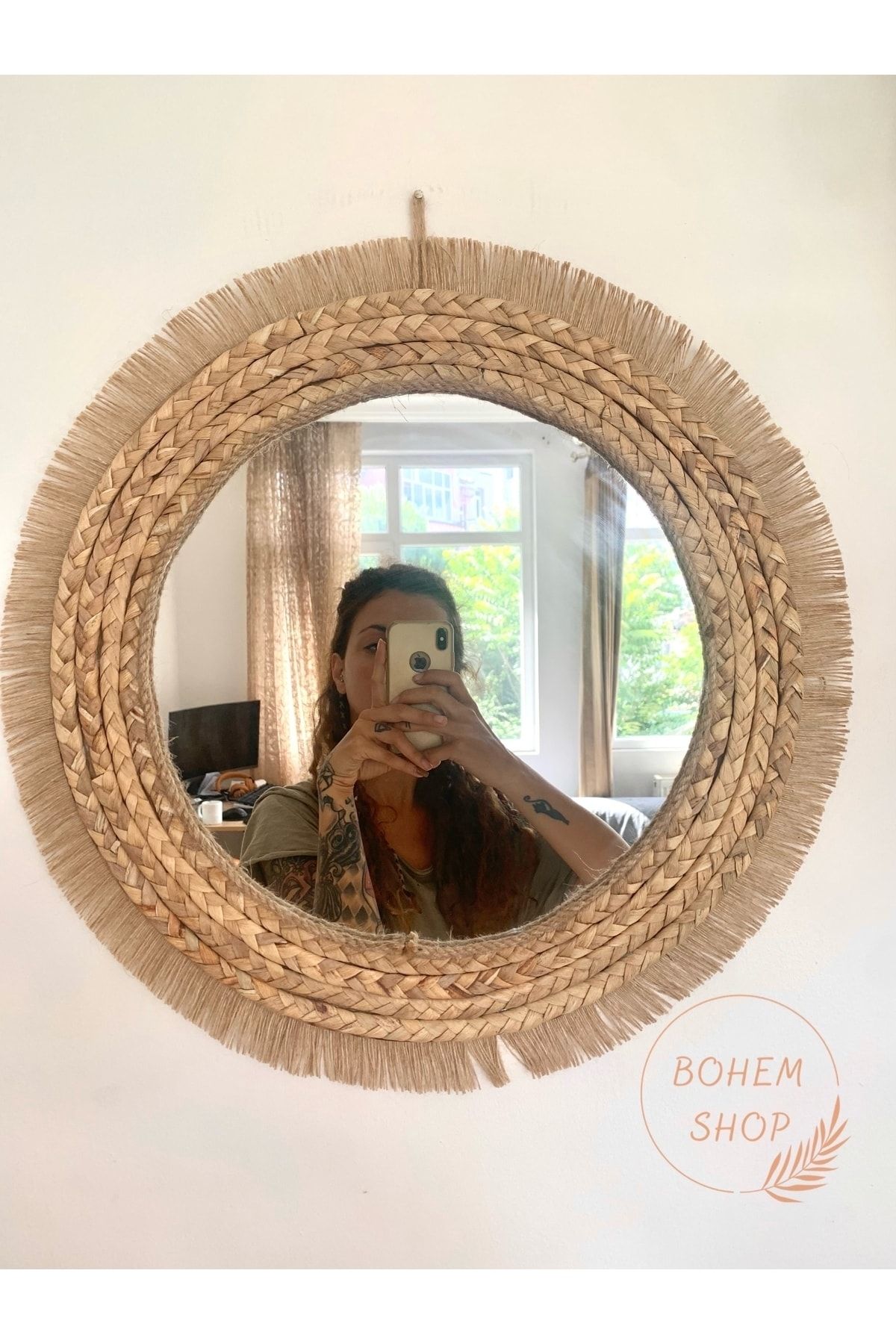 Bohem Shop Büyük Boy Alaçatı Dekoratif Aynalı Rafya Duvar Süsü Bohem Püskül Detaylı Ayna 45 Cm