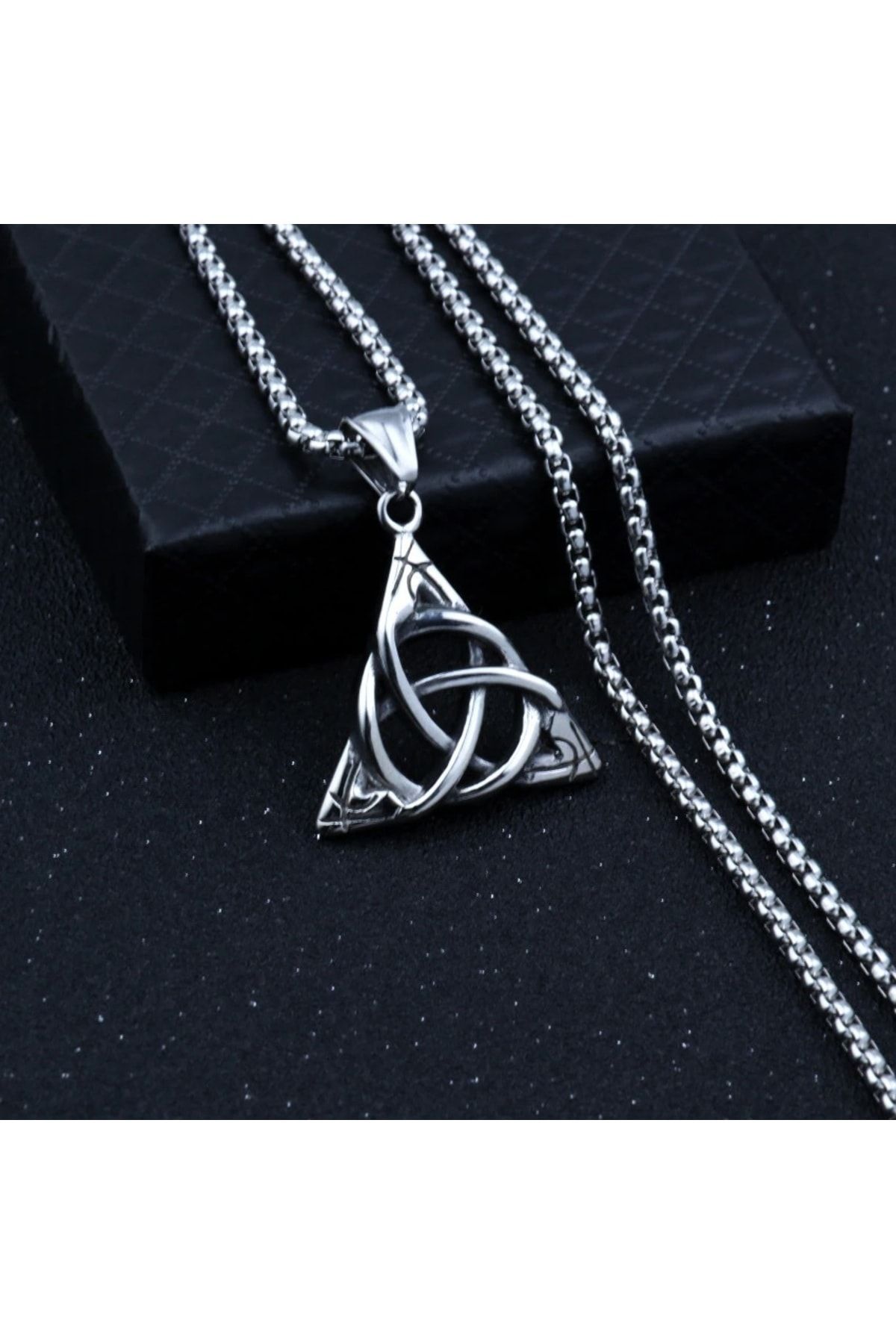 Viking Kelt Üçgeni Triquetra Üçlü Düğüm Trinity Knot & Kare Zincir Çelik Kolye