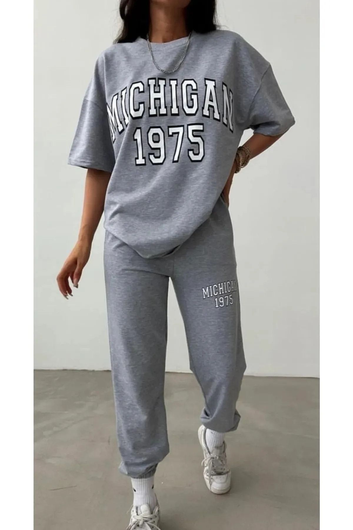 DUBU BUTİK Michigan 1975 T-Shirt Eşofman Altı Jogger- Gri Baskı Alt Üst Eşofman Takımı Oversize Bisiklet Yaka