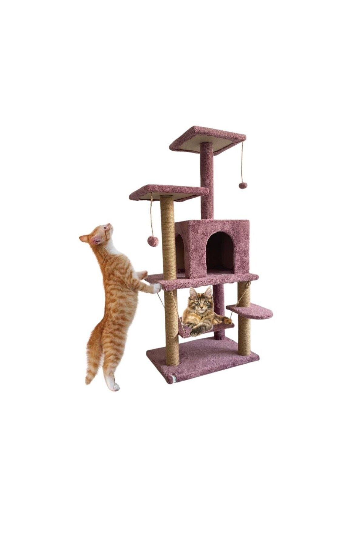 Nursoft Salıncaklı Lüx Kedi Tırmalama Kedi Oyun Evi-Gül kurusu