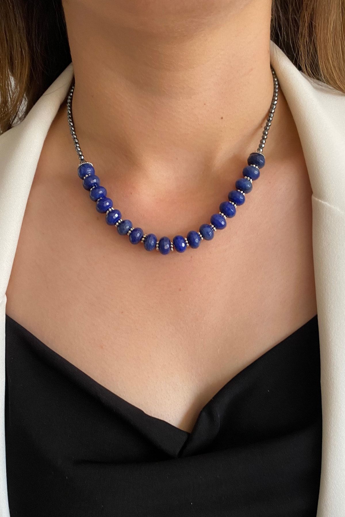 Suerte Accessories Hematit ve Lapis Lazuli Doğal Taş El Yapımı Özel Tasarım Doğaltaş Kolye