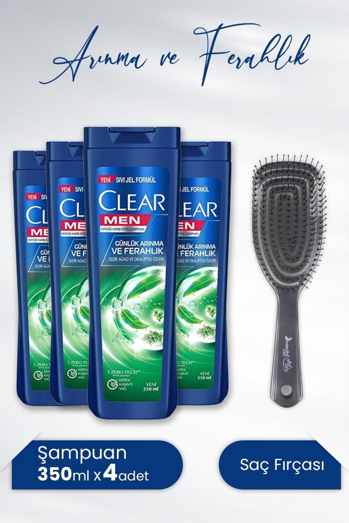 Clear Men Şampuan Arınma ve Ferahlık 350 ml x 4 Adet ve Nascita Üç Boyutlu Saç Fırçası Koyu Gri