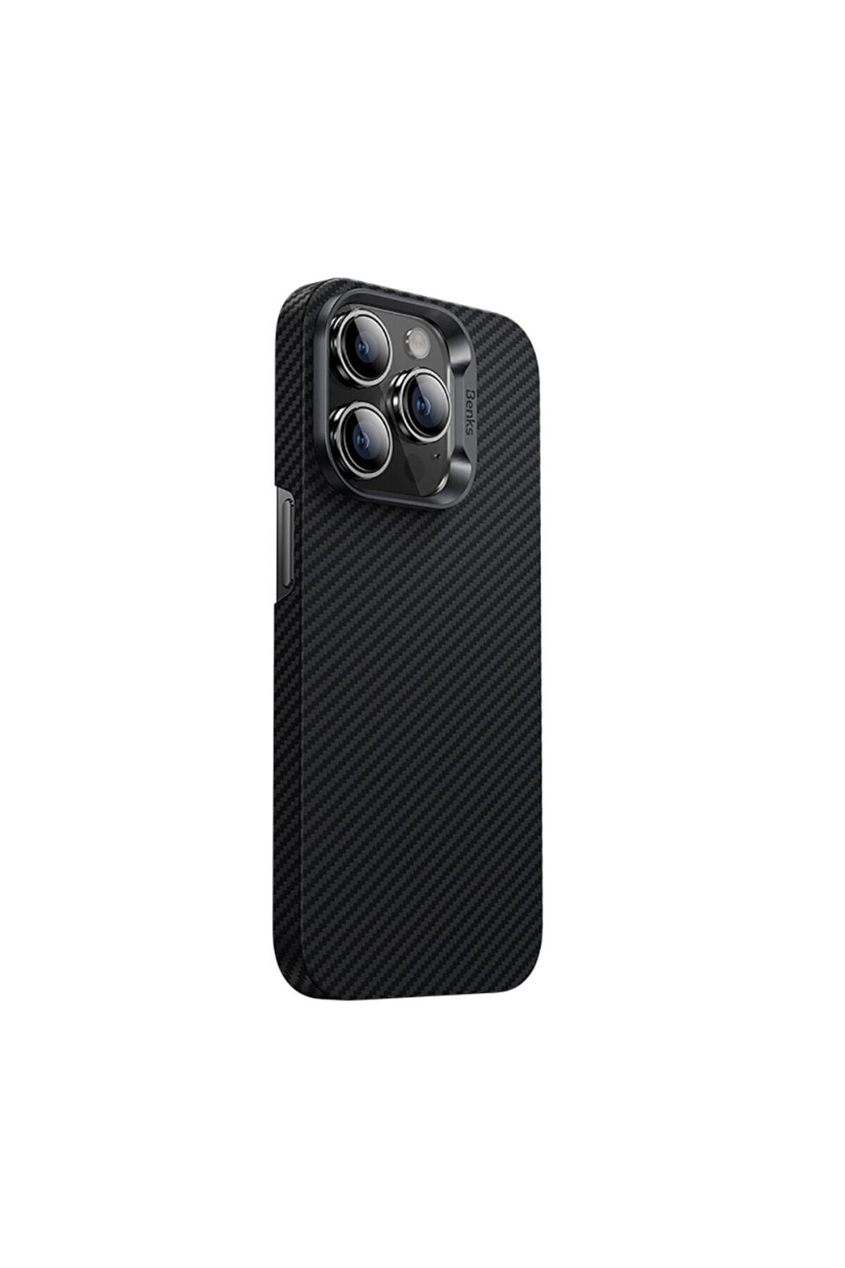 Benks iPhone 14 Pro Uyumlu Kılıf Magsafe Özellikli Karbon Fiber Benks 600D Essential Kevlar Kapak