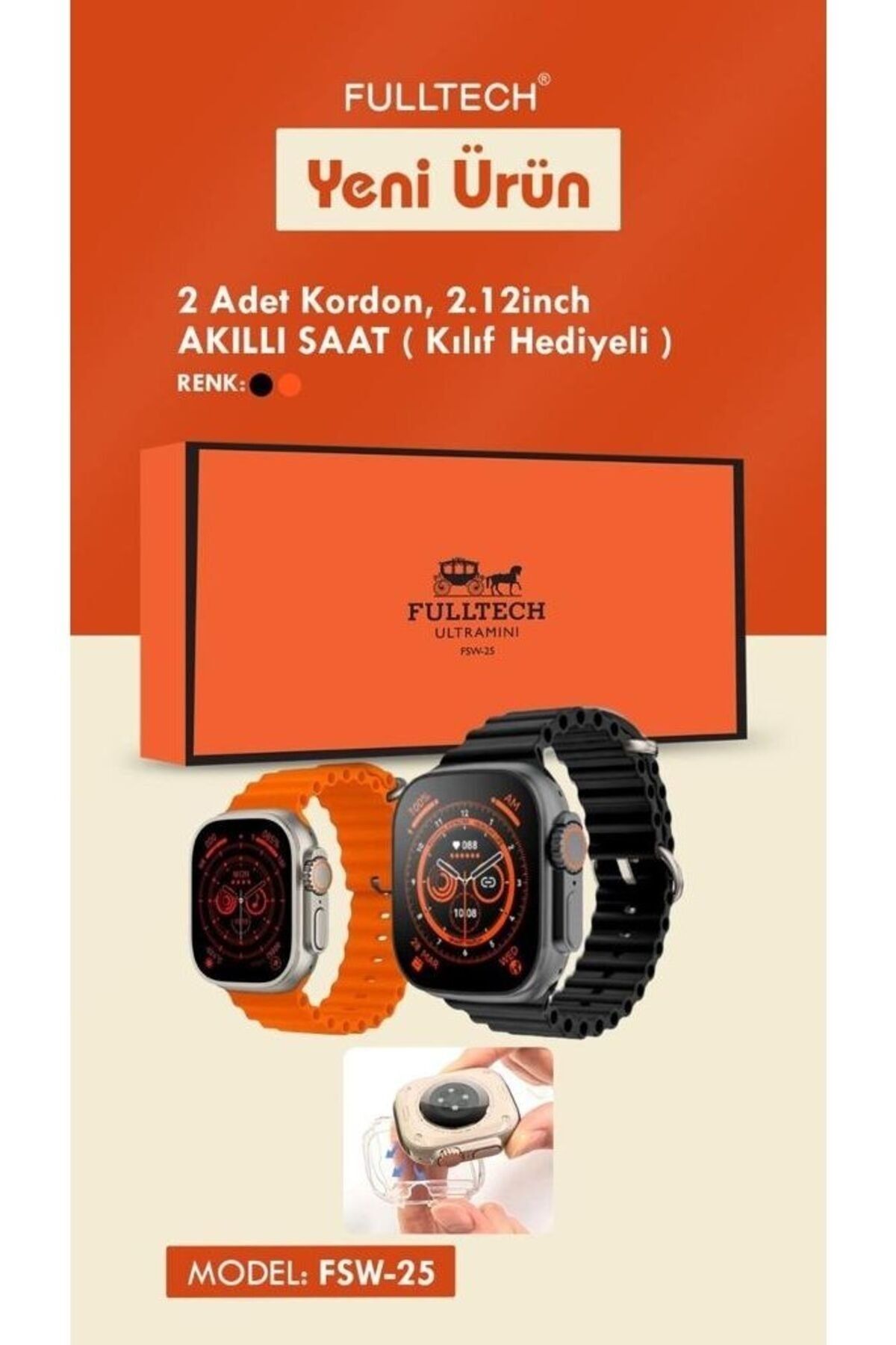 Fulltech Smart Watch 2 Adet Kordon, 2.1 2inch Büyük Ekran Çift Kordon Akıllı Saat FSW-25 (Kılıf Hediyeli)