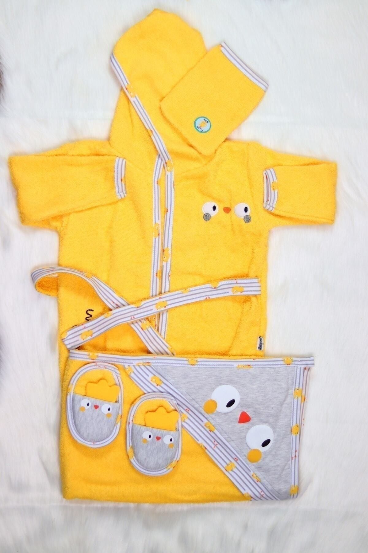 Miniworld 5 Yaş Unisex Bebek Sarı Civciv Bornoz Havlu Takımı