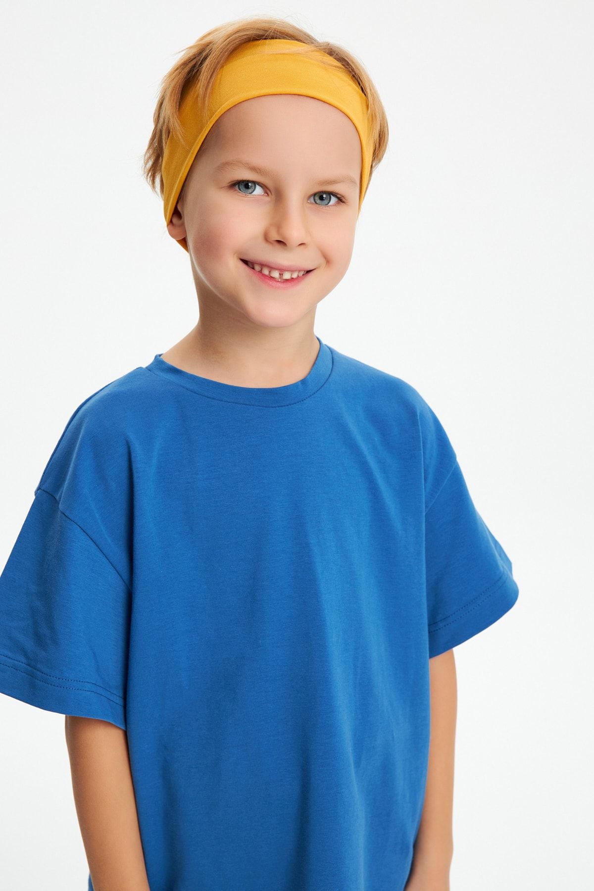 Babygiz Erkek Çocuk %100 Pamuklu Penye Oversize Mavi T-Shirt Yumuşak Hardal Bandana İKİLİ TAKIM Trend Seri1