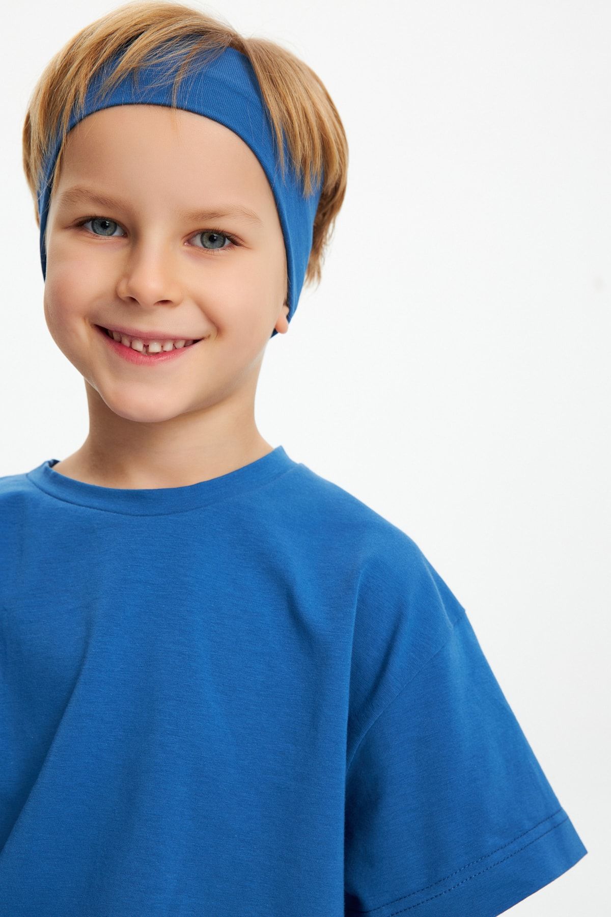 Babygiz Erkek Çocuk %100 Pamuklu Penye Oversize Mavi T-Shirt Yumuşak Mavi Bandana İKİLİ TAKIM Trend Seri 1