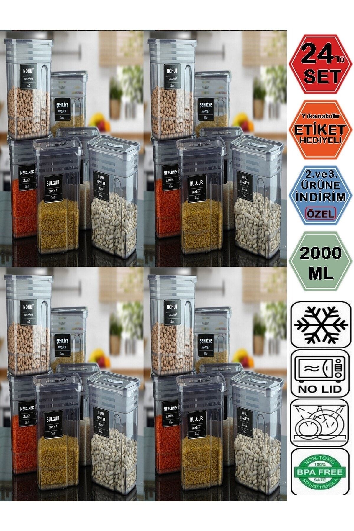 Karçiçeği Home 24'lü Etiketli Erzak Kiler Dolap Mutfak Düzenleyici Saklama Kabı Seti 2000 ml