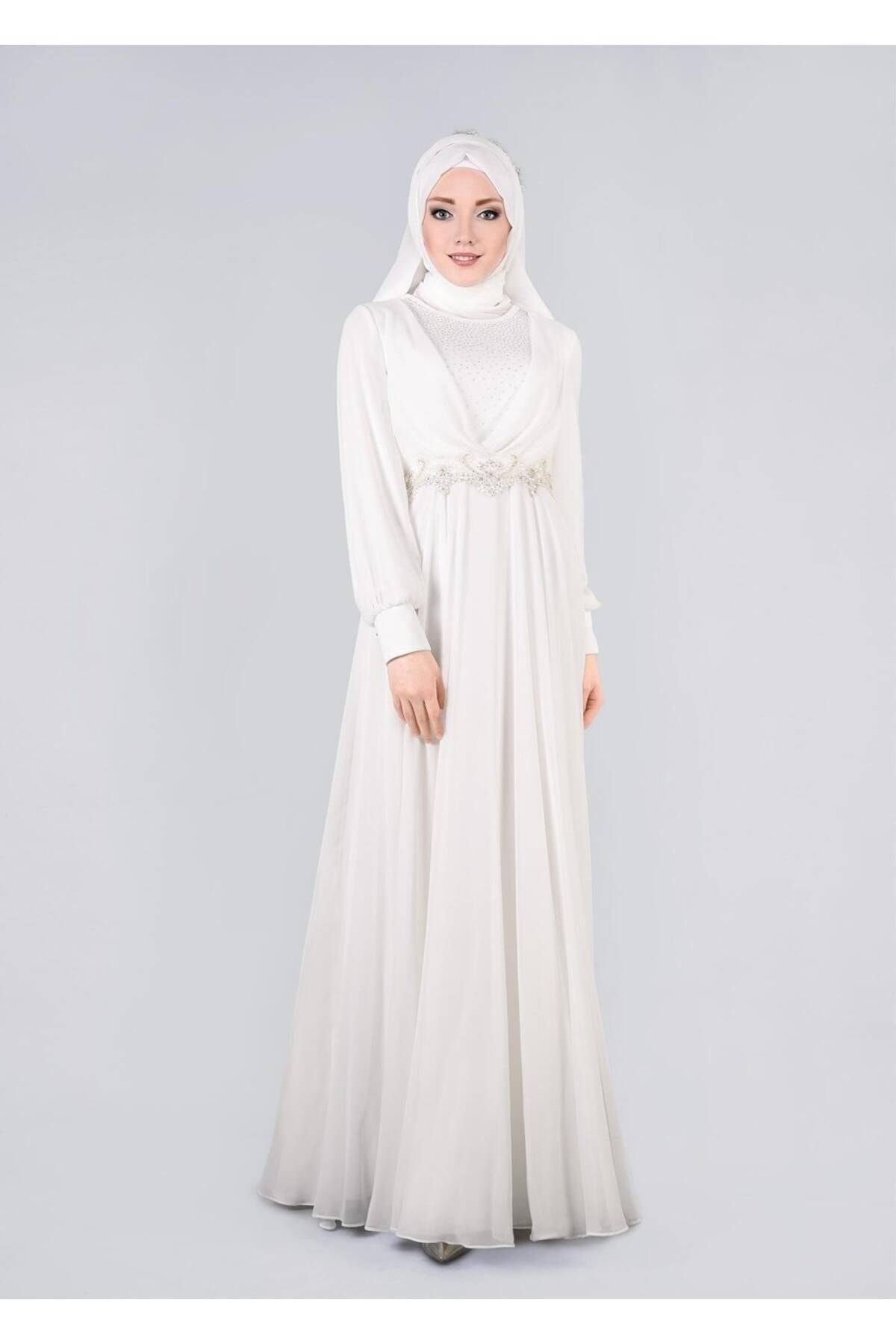 TRENDTESETTÜR Kadın Krem Taşlı Beli Işlemeli Multi Şifon Abiye Elbise 5357
