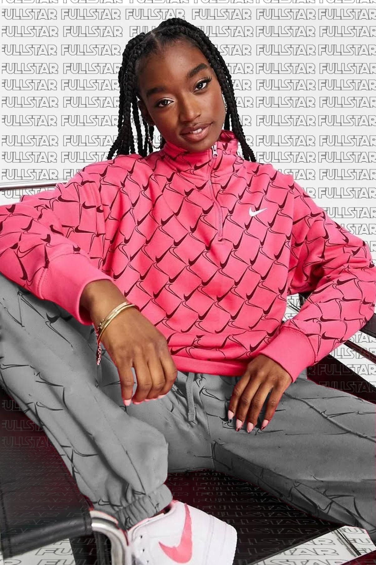 Nike Trend Swoosh Printed Fleece Hoodie 1/4 Zip Yarım Fermuarlı Pembe Sweatshirt