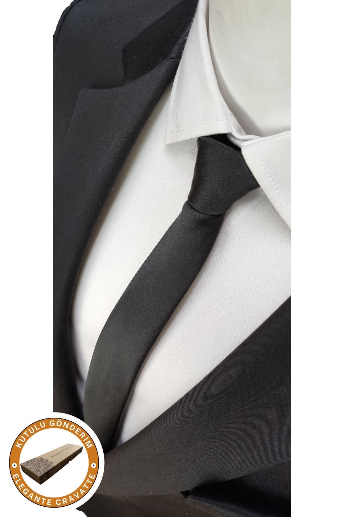 Elegante Cravatte Siyah Extra Slim İnce Mat Kravat Ve Cep Mendili