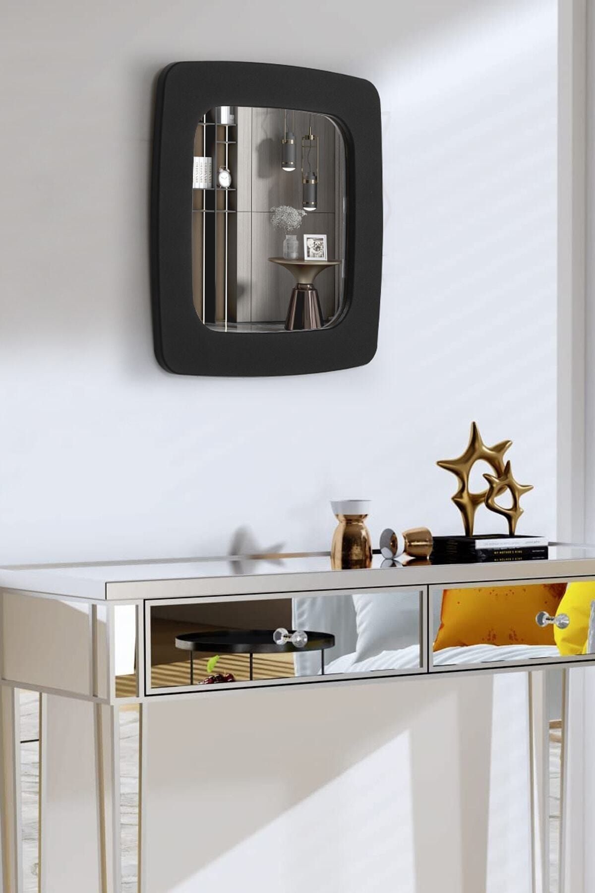 FAYMEND Dekoratif MDF Çerçeveli Duvar Ayna - Salon Ayna - Banyo Ayna - Ofis Ayna '36cm Mat Siyah'