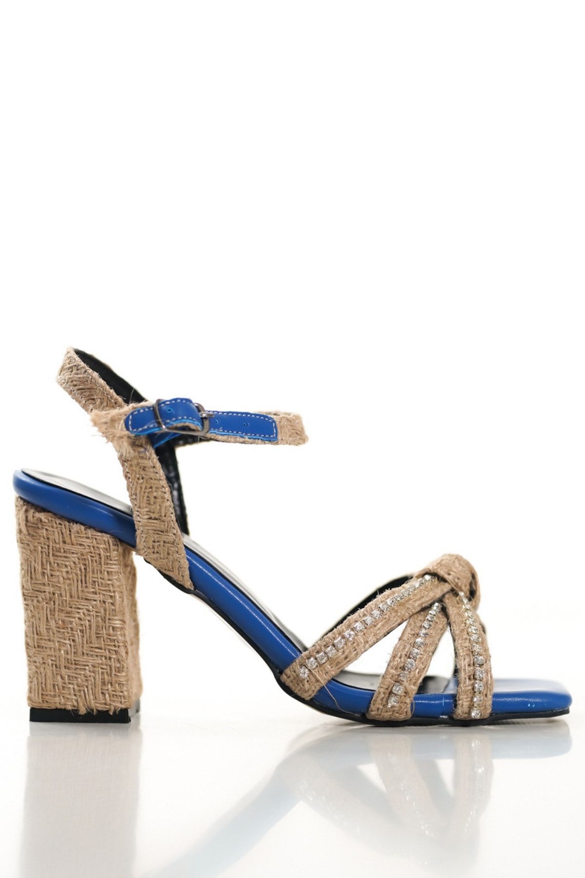 SAYL Mavi Kadın Hasır Topuklu Ayakkabı Taşlı Bilekten Bağlamalı Sandalet