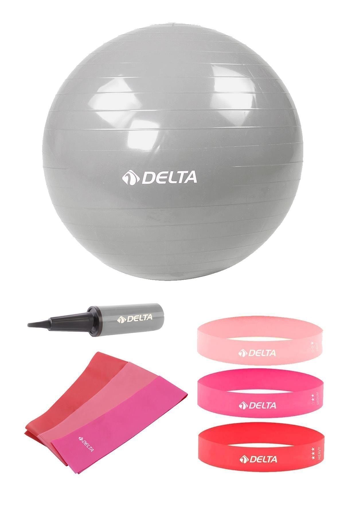 Delta 65 cm Pilates Topu 3'lü Pilates Bandı 3'lü Squat Bandı Direnç Lastiği Şişirme Pompası Seti