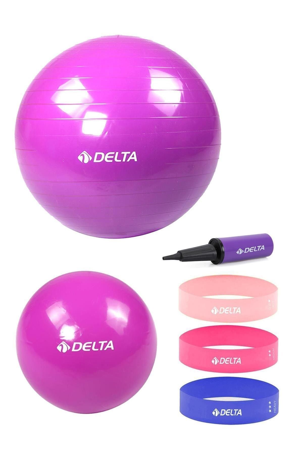 Delta 55 cm-20 cm Pilates Topu 3'lü Squat Bandı Egzersiz Direnç Lastiği Pilates Topu Pompası Seti