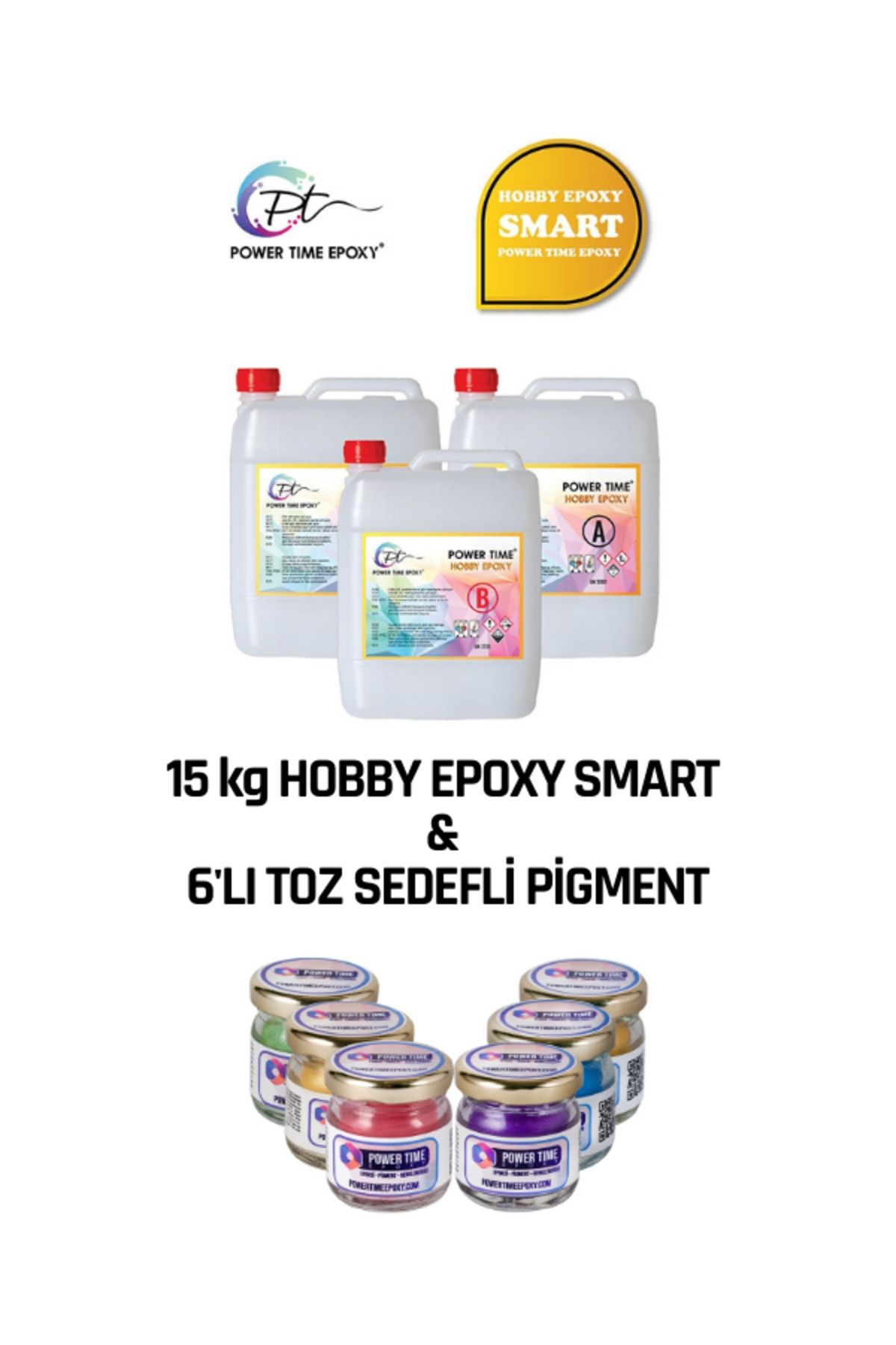 POWER TIME EPOXY 15 Kg Hobby Epoxy Smart + 6'lı Toz Sedefli Pigment Boya Seti/ Şeffaf Epoksi Reçine Ince Döküm