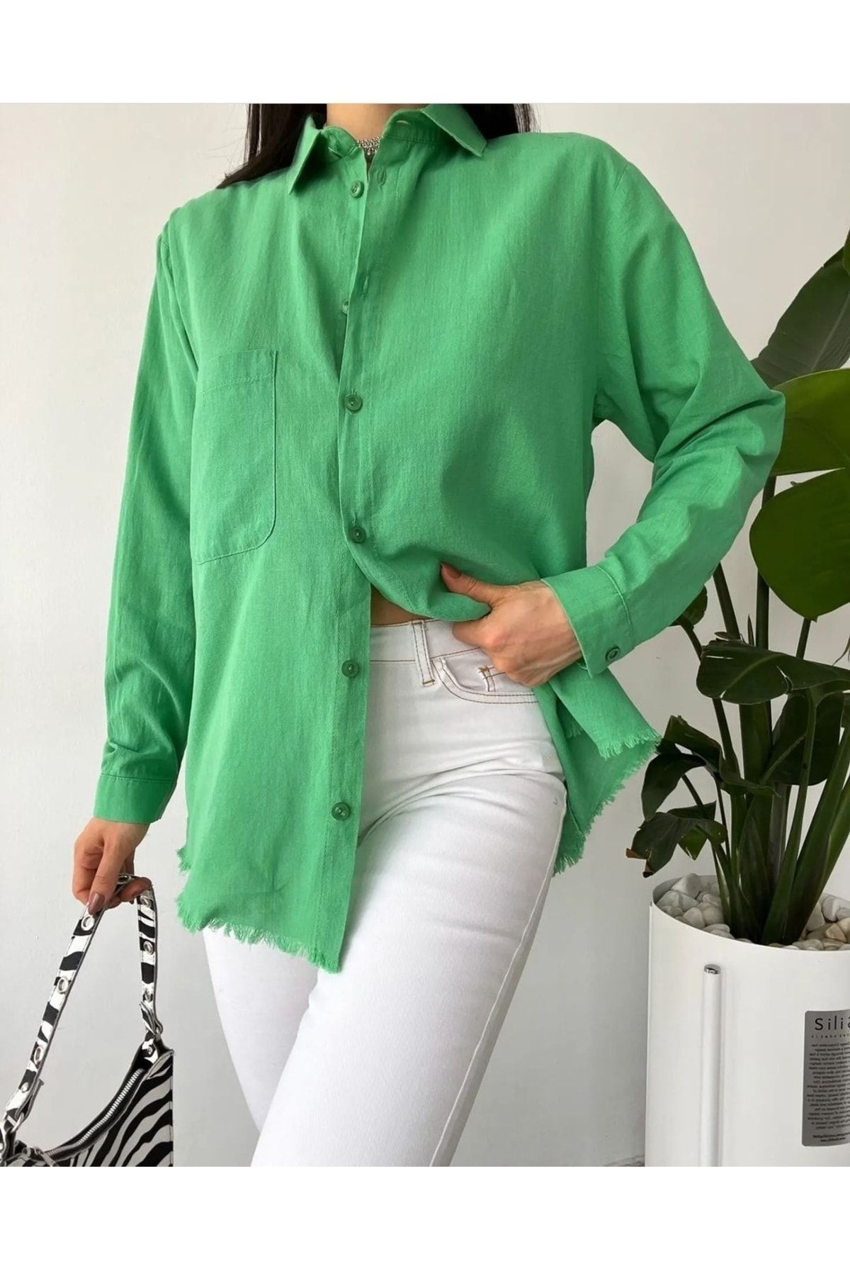 ubmbutik Kadın Tek Cepli Salaş Keten Gömlek Etek Püsküllü Yıkamalı Keten Yeşil
