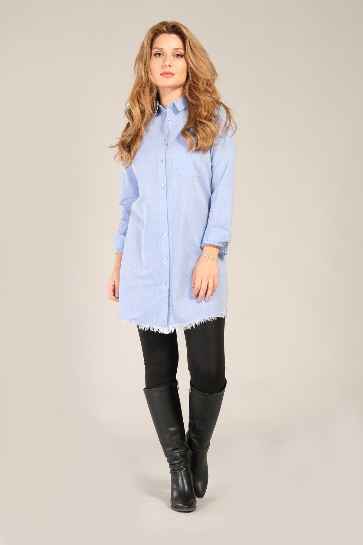Giyim Dünyası Kadın Etek Ucu Püsküllü Tunik Gömlek Mavi