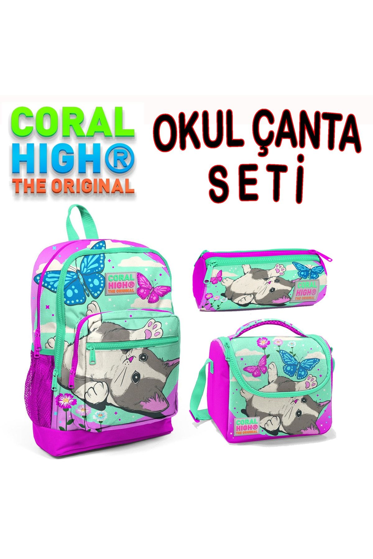 Coral High Kids Kedi Desenli Okul Çantası + Beslenme + Kalemlik 3 Lü Set 23707