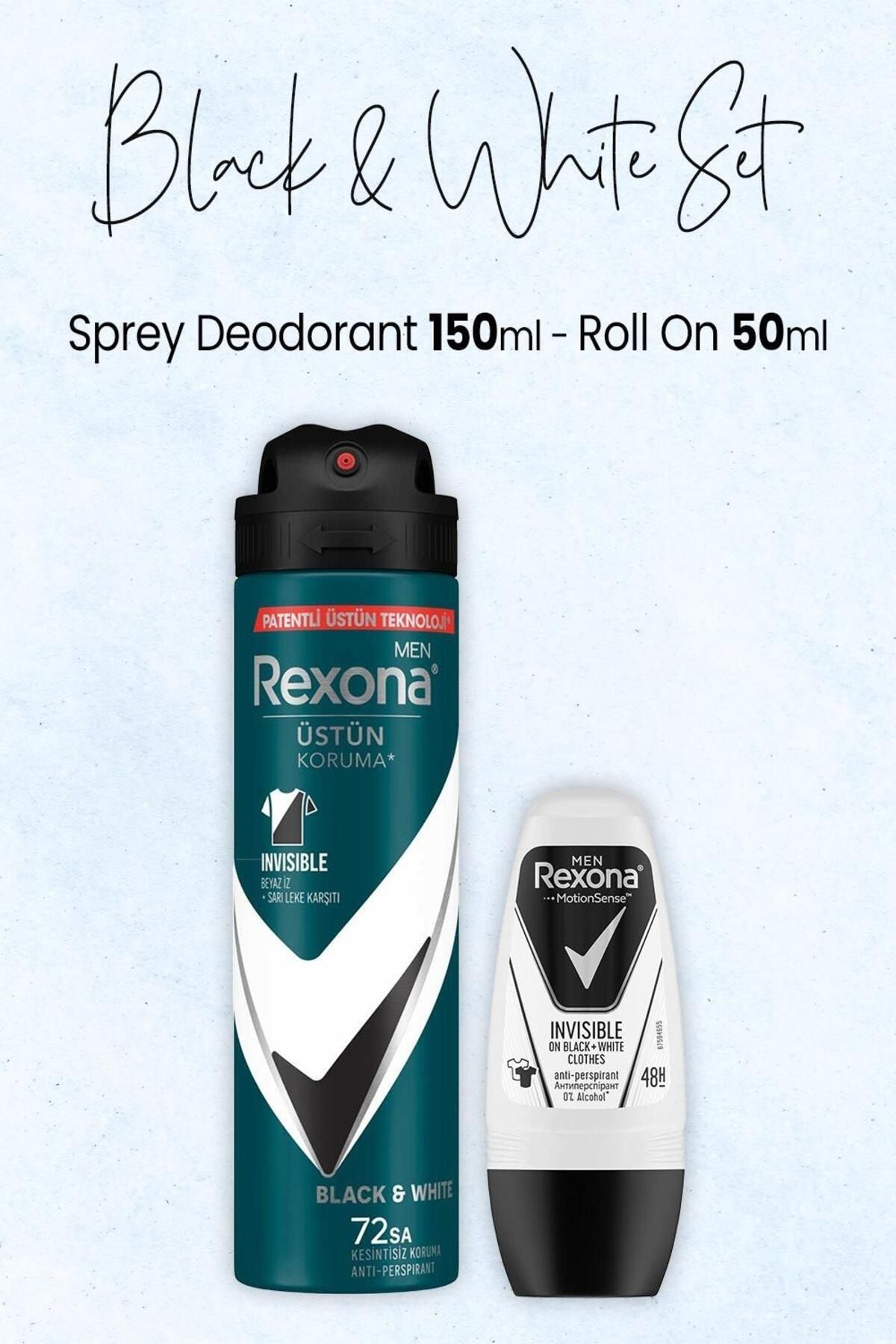Rexona Men Sprey Deodorant Black White 150 ml ve Antiperspirant Roll On 50 ml