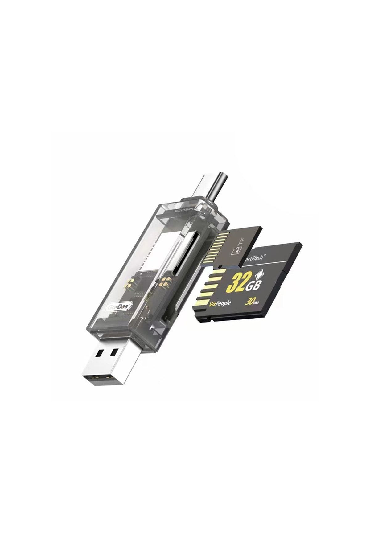 Go-Des GD-DK006 Type-C ve USB-A Çıkışlı 4 in 1 OTG Hafıza Kart Okuyucu SD-Micro SD
