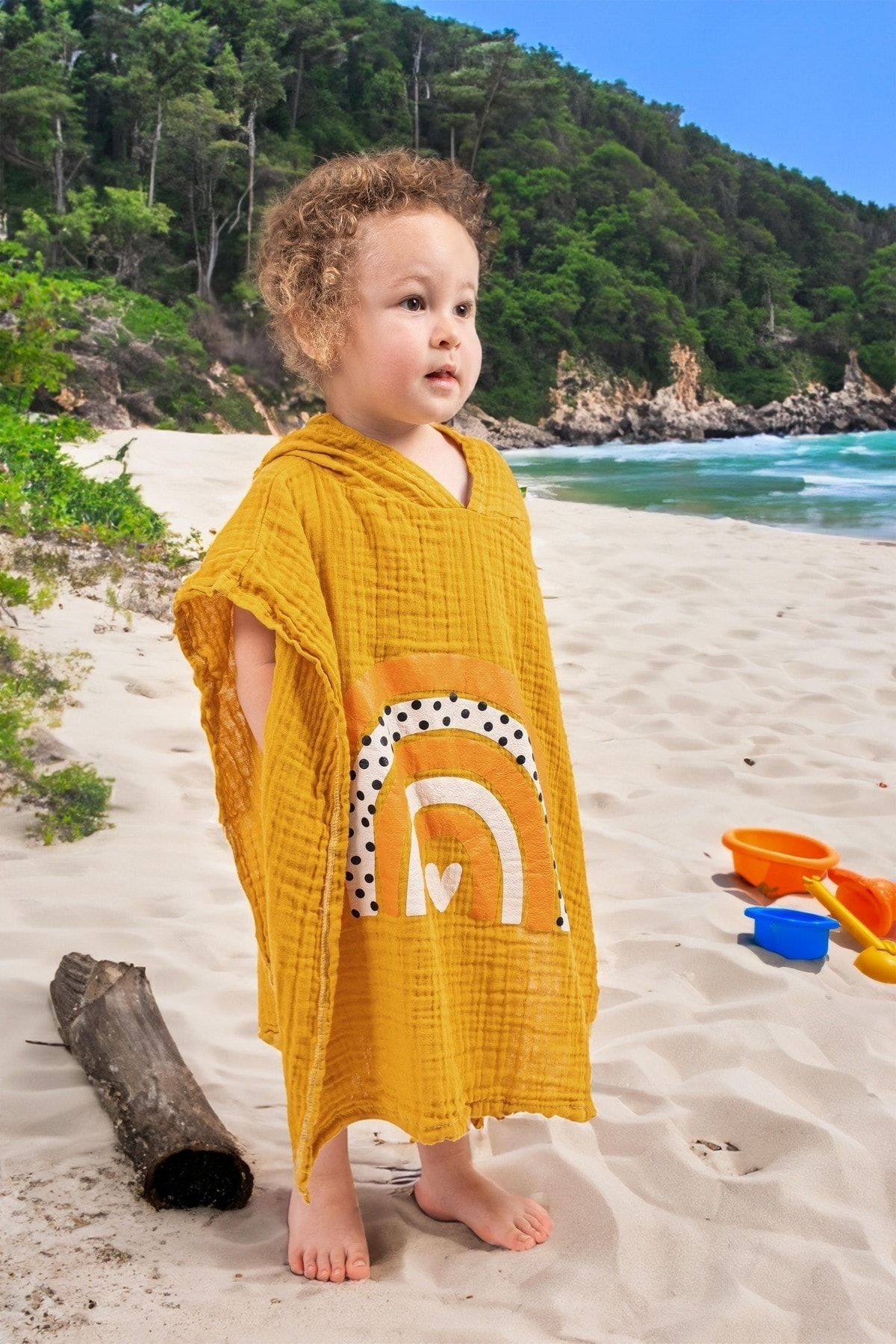 Mariva home Organik Müslin Sarı Panço Bebek Çocuk Plaj Panço