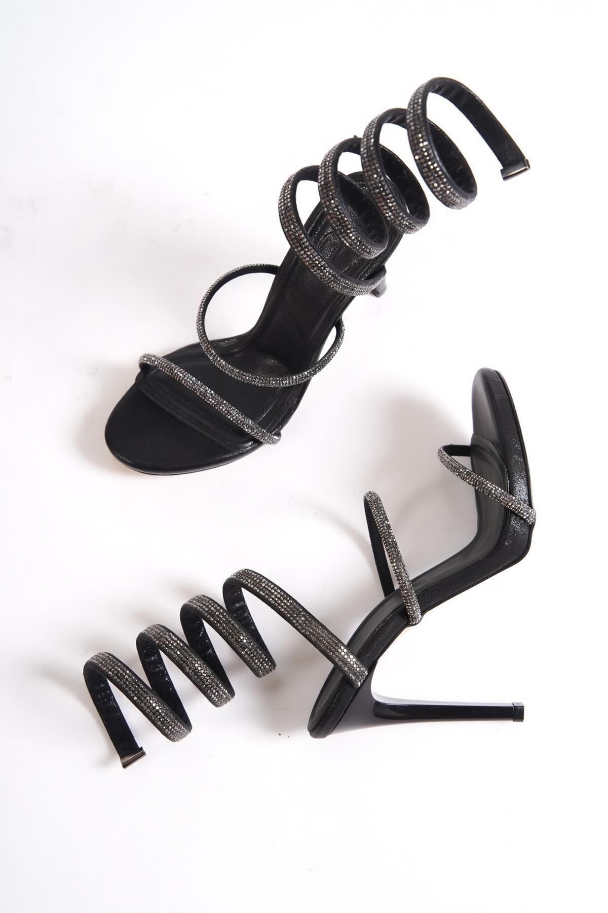 Modabuymus Etna Siyah Taşlı Bilekten Bağlamalı Platform Topuklu Abiye Ayakkabı